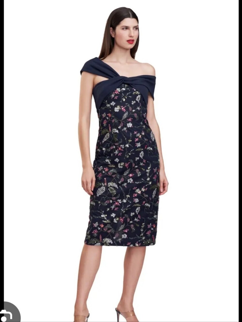 NWT JS Collections Jeanne Asymmetric Navy Floral Sequin Cocktail Dress Size 10